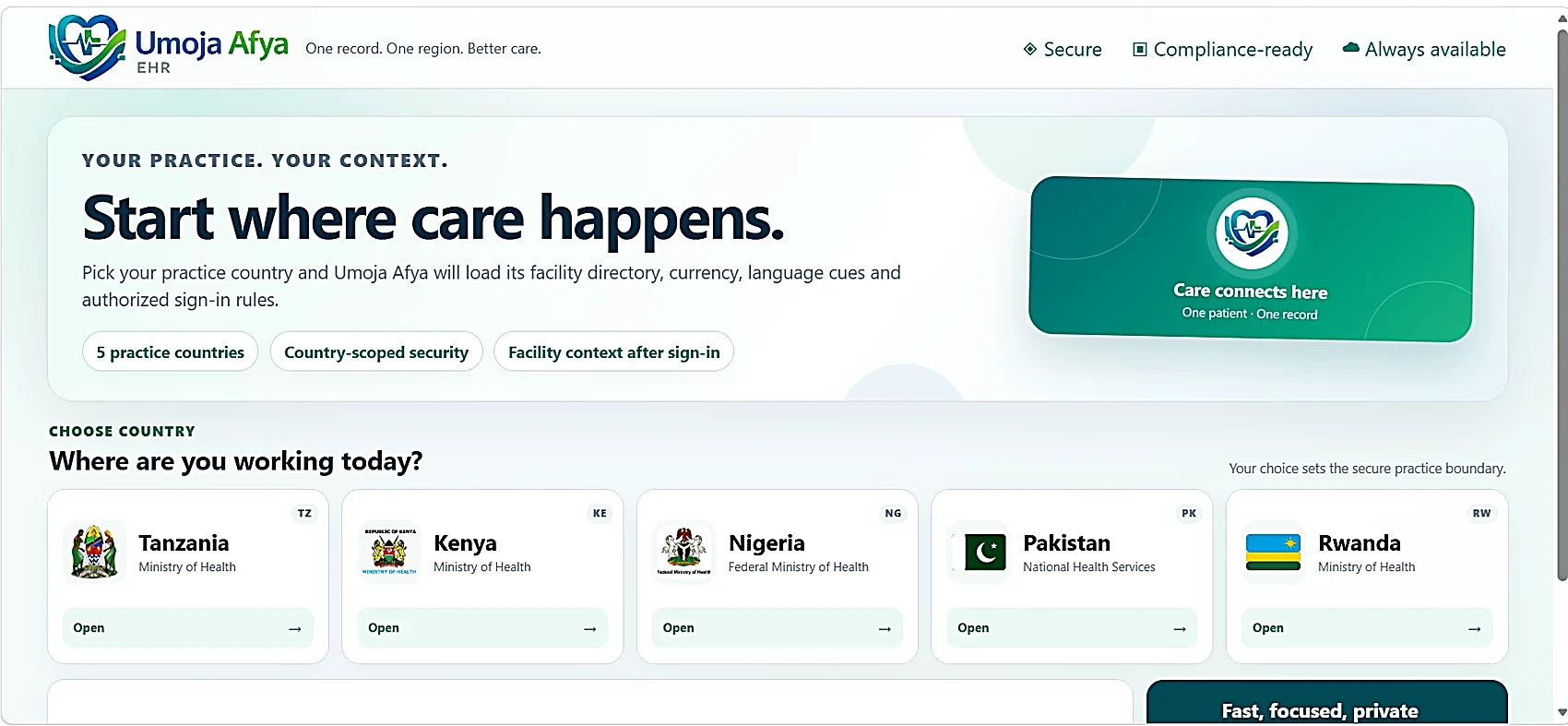 Umoja Afya EHR country and facility selection screen