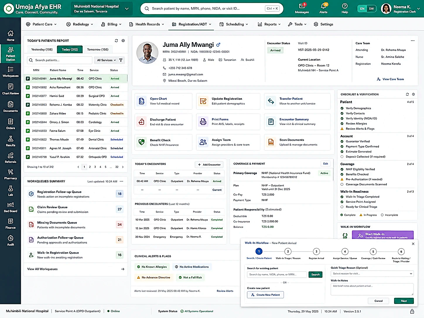 Umoja Afya EHR front desk and scheduling workflow screen
